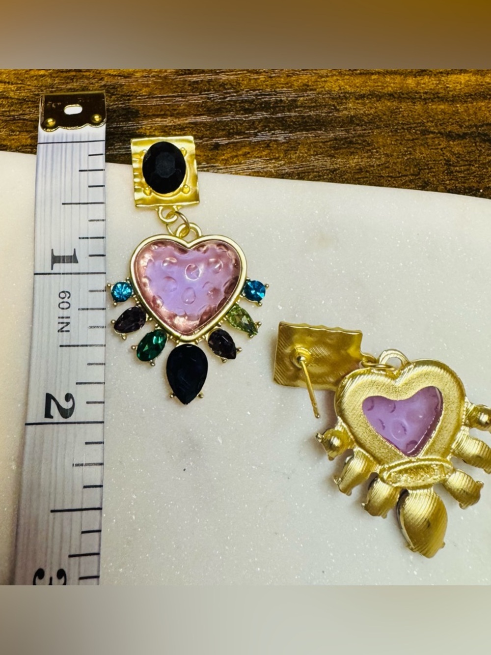 CHNNEL Inspired Pink Heart Statement Drop Earrings Gold Tone Rhinestone - Picture 5 of 6